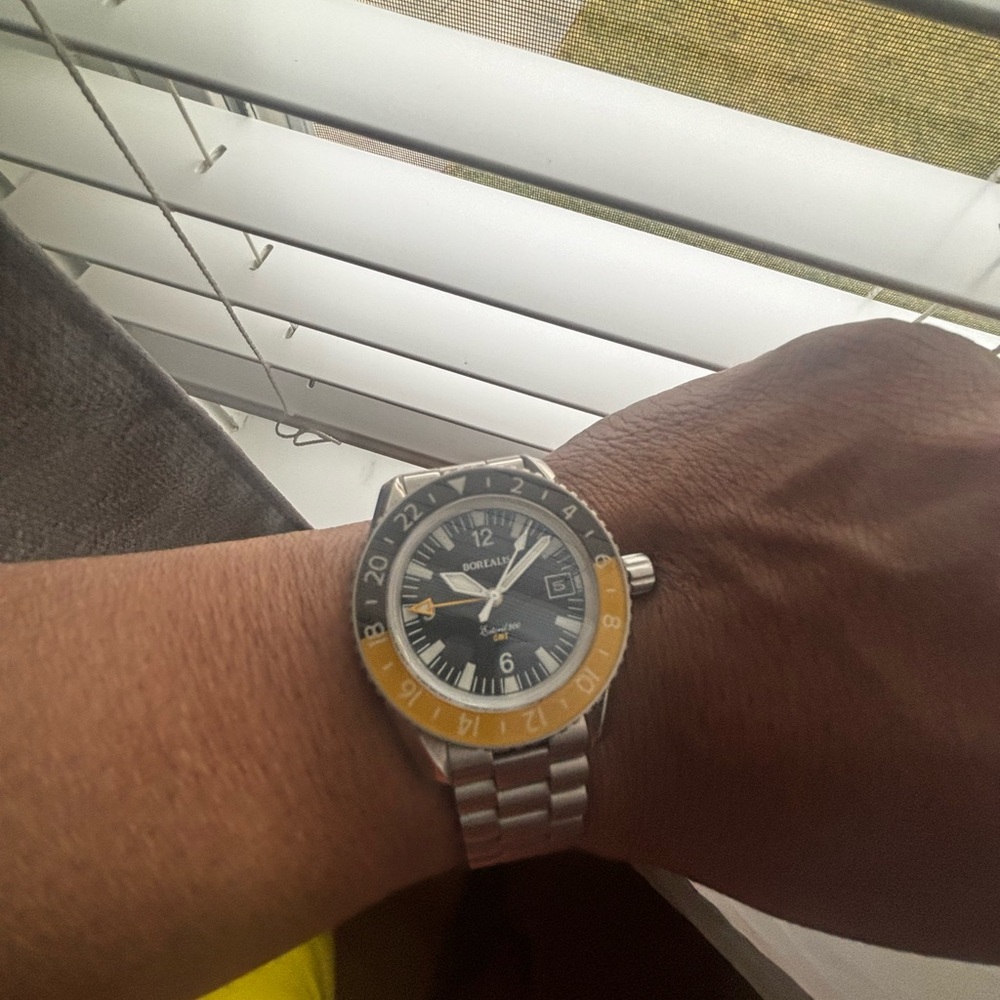Borealis Estoril 300 GMT Black Dial Arabic Numbers Date Yellow Bezel Version A